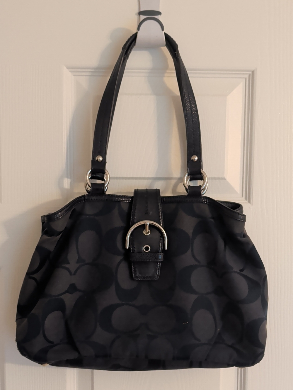 Coach Black Signature Canvas Shoulder Tote with Buckle Detail